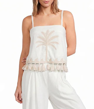 Sugarlips Biela Embroidered Palm Print Square Neck Sleeveless Tassel Trim Coordinating Crop Top |... | Dillard's