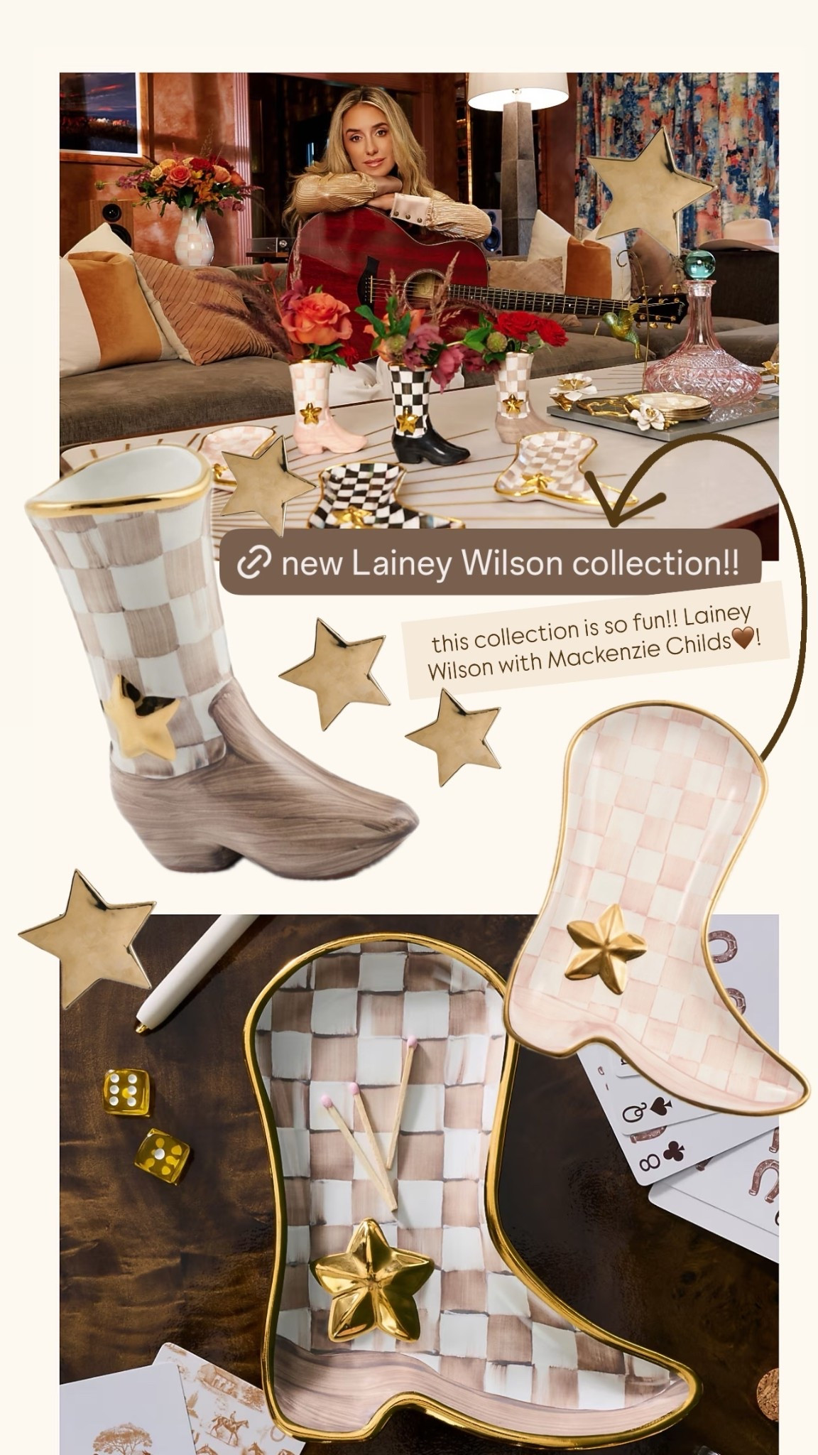 this collection is so fun!! Lainey Wilson with Mackenzie Childs🤎!

Checkered, cowboy boots, new collection Mackenzie Childs

#LTKdayinmylife #LTKmomlife #LTKHome