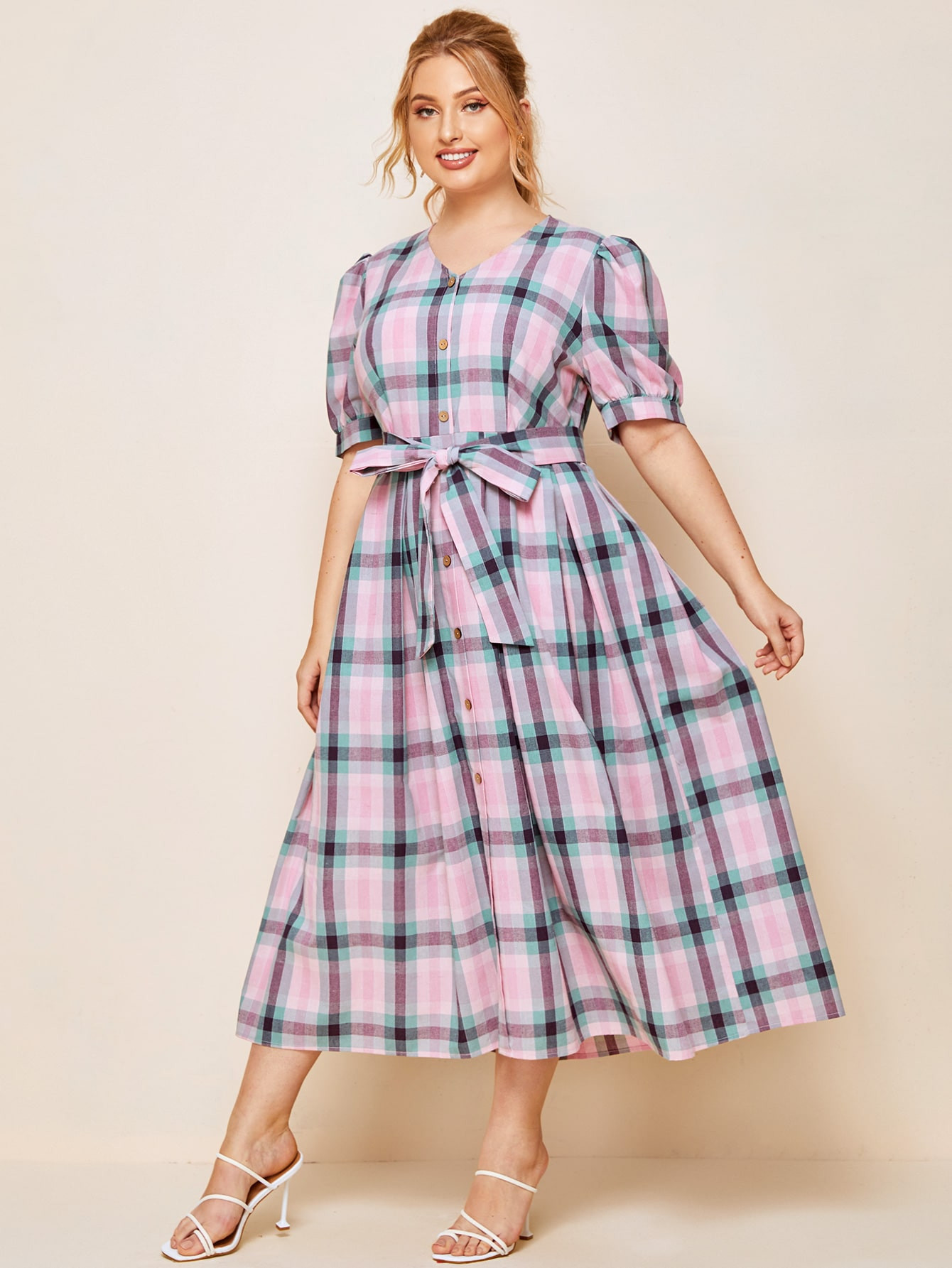 SHEIN Plus Puff Sleeve Plaid Belted Dress | SHEIN