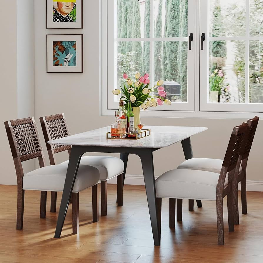 Farmhouse Dining Chairs Set of 4, Modern Linen Upholstered Kitchen Chairs with Woven Back, Solid ... | Amazon (US)