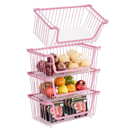 GAOKASE 4 Pcs Stackable Wire Baskets for Pantry Organizers and Storage,Vegetable Fruit Basket for Countertop,Kitchen Storage Metal Baskets,Produce Potato Onion Storage Bin,pink | Amazon (US)