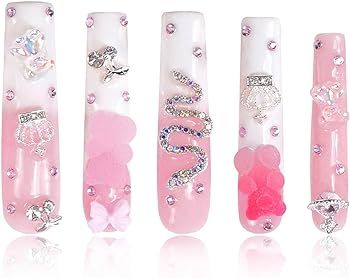 Press on Nails Marshmallo Gummy Bear Square | Luxury Diamond Pink Cotton Candy Nails| Pink Nails|... | Amazon (US)