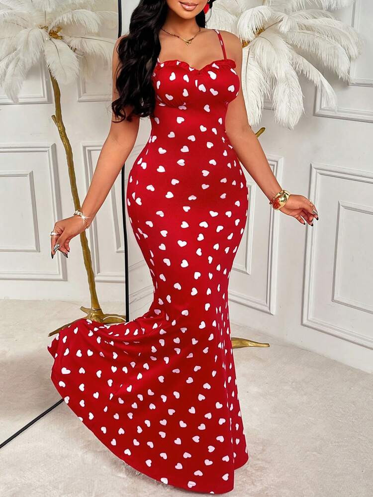 AIJ Amarilo Women's Red Heart Print Spaghetti Strap Maxi Dress - Valentine's Day, Fitted Waist Fishtail, Spring/Summer | SHEIN