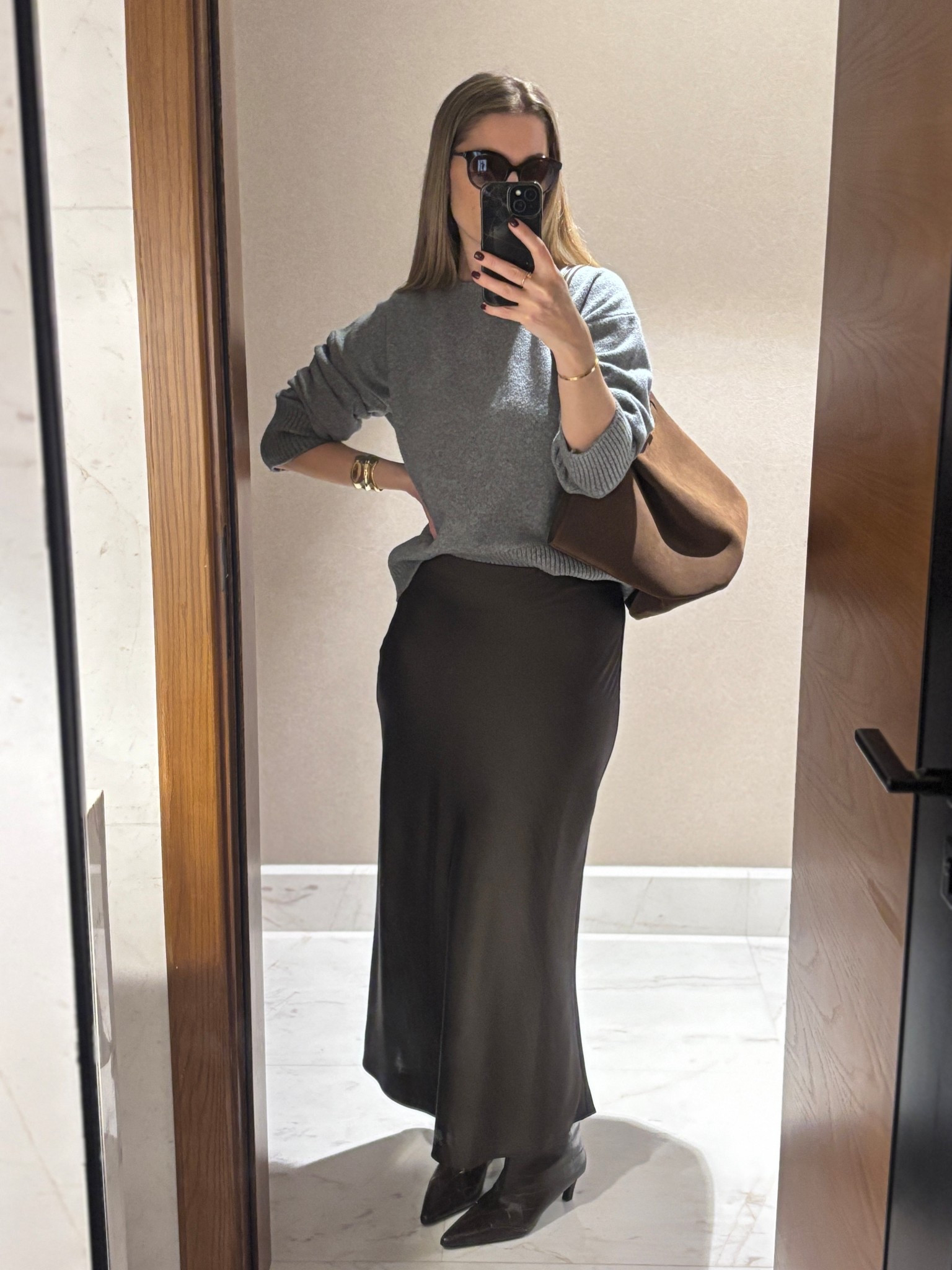Grey jumper chocolate satin skirt chocolate leather boots brown suede tote bag chic outfit work wear office lunch date simple styling

#LTKeurope #LTKuk #LTKautumn
