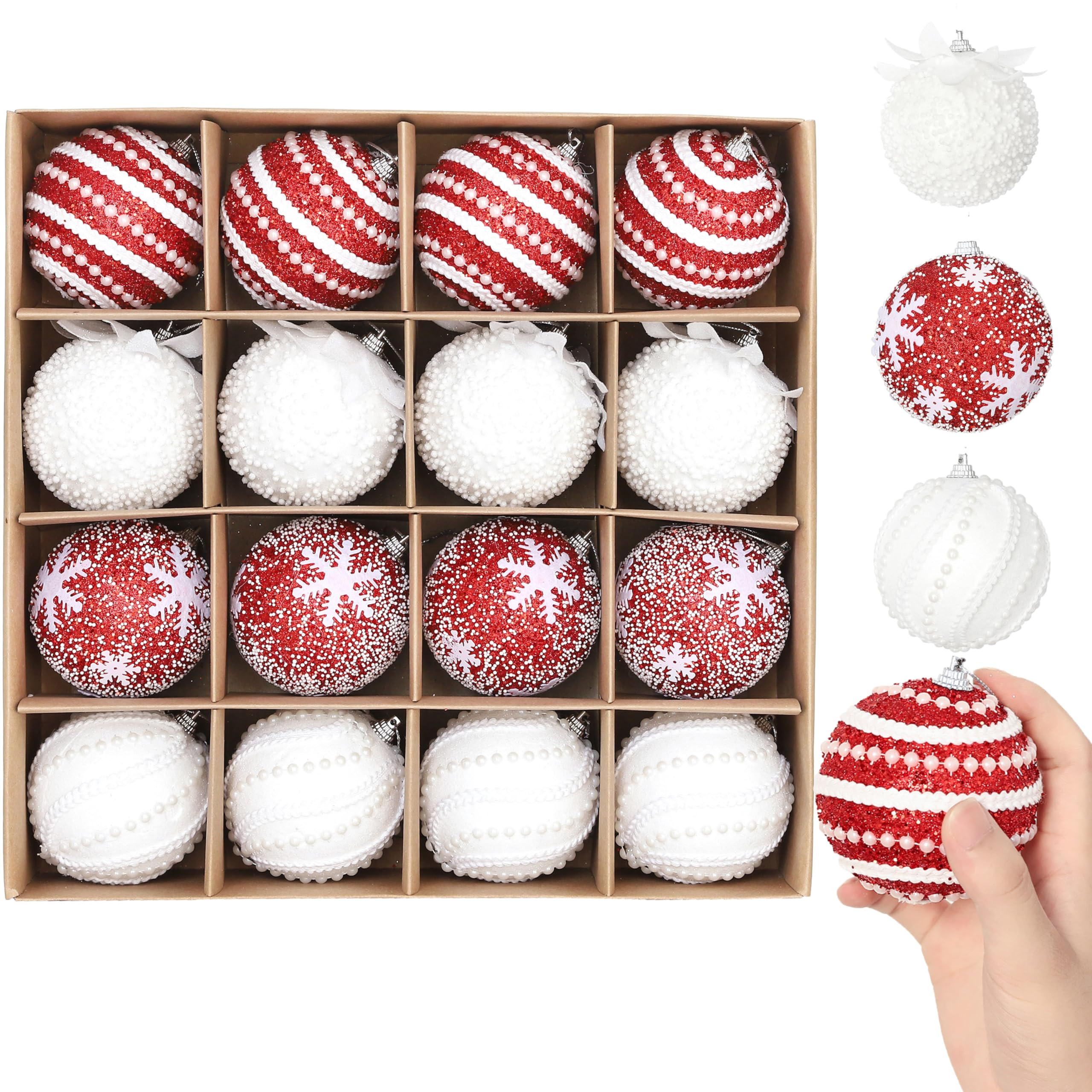 Christmas Tree Ball Ornament Set 16pcs 80mm/3.15inch Red White Glittering Shatterproof Foam Hangi... | Amazon (US)