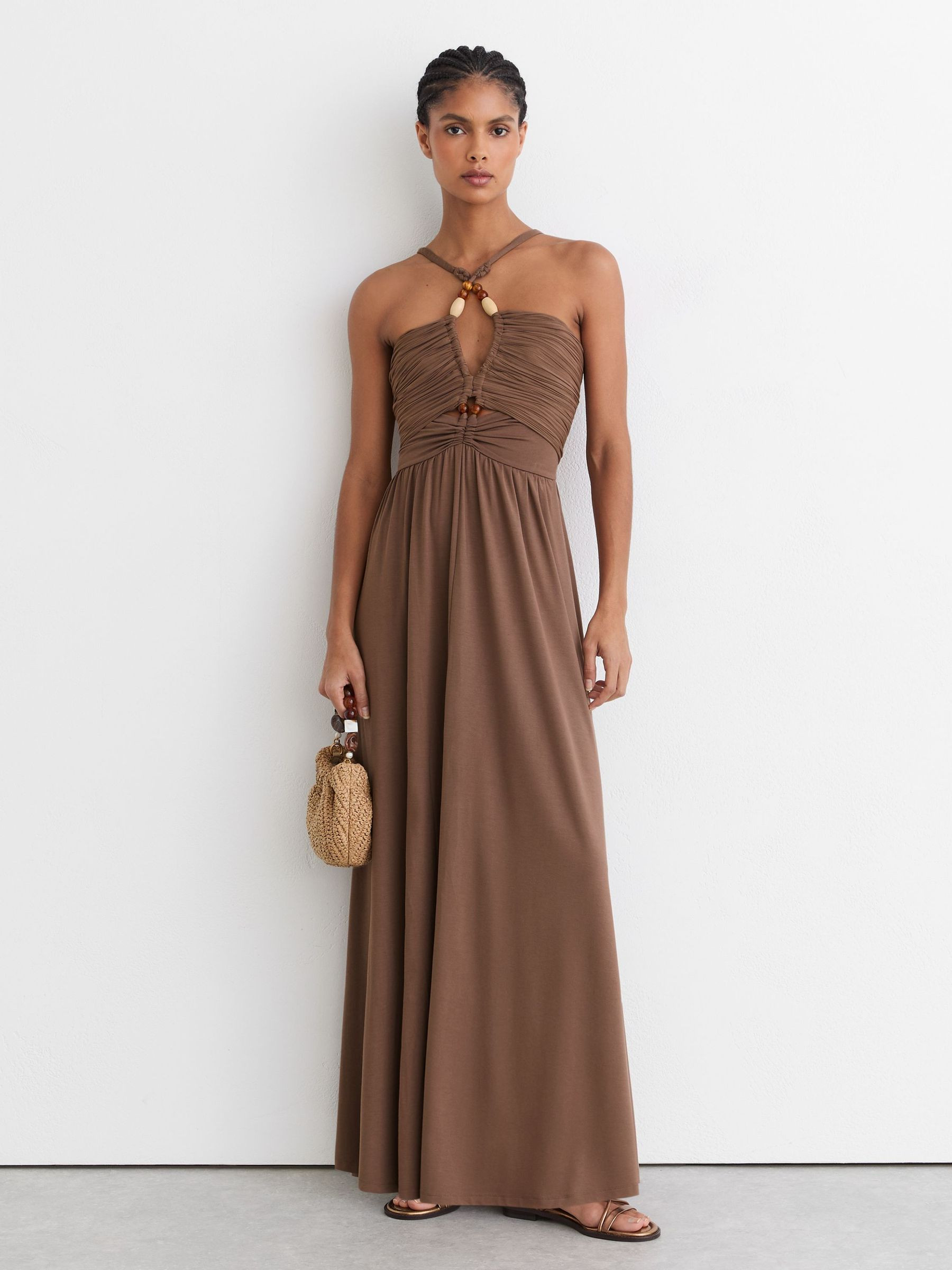 Jersey Bead-Detail Ruched Maxi Dress in Taupe Brown | Reiss UK