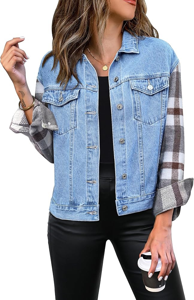 luvamia Jean Jackets for Women Fashion Flannel Plaid Shacket Jacket Oversized Button Down Trucker... | Amazon (US)