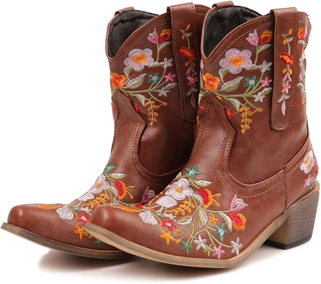 SO SIMPOK Cowgirl Cowboy Boots for Women Flower Embroidery Western Boots Retro Chunky Heel Pull O... | Amazon (US)