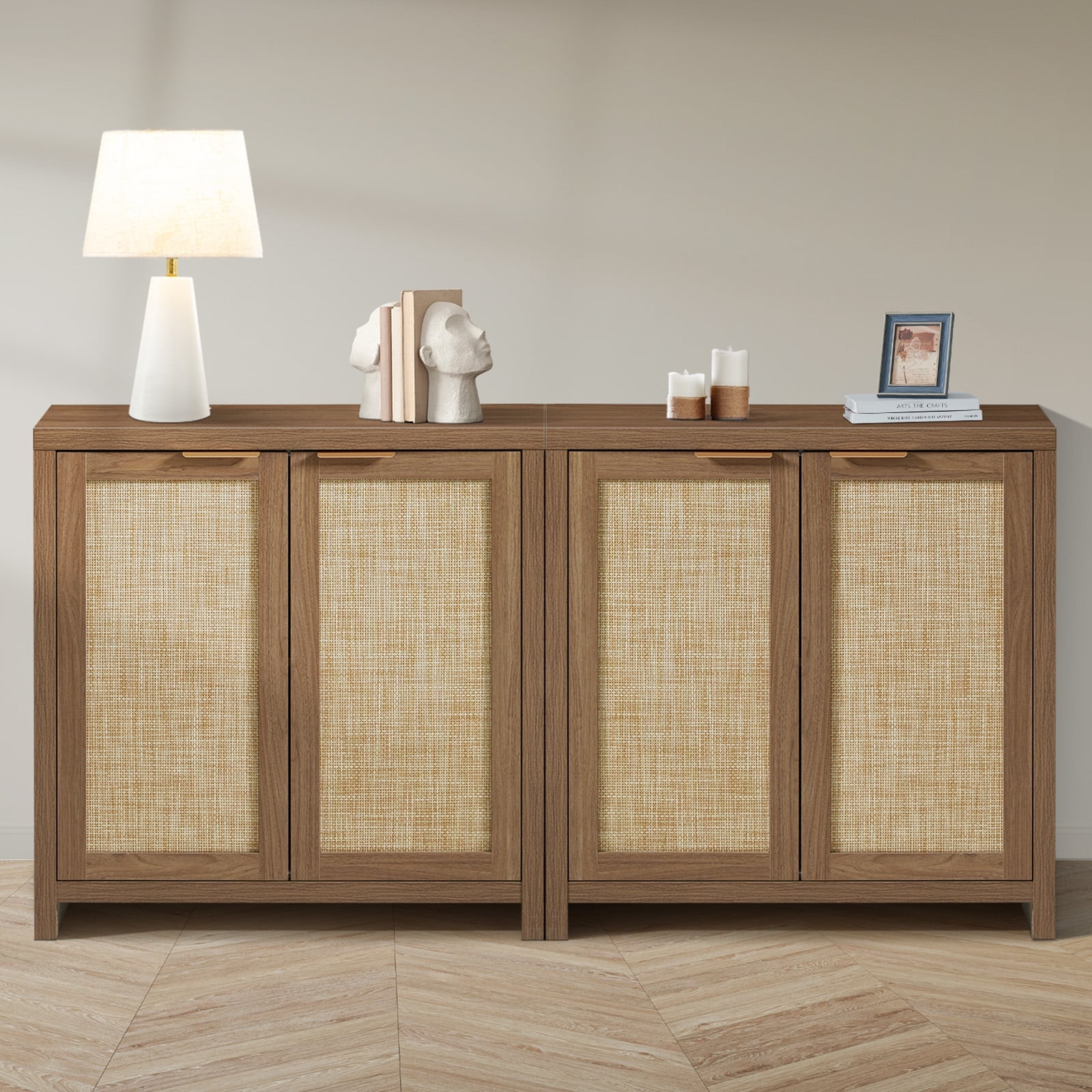 ARKANTOS Rattan Sideboard Buffet Cabinet, Farmhouse Storage Cabinet with Doors, Set of 2, Walnut | Walmart (US)