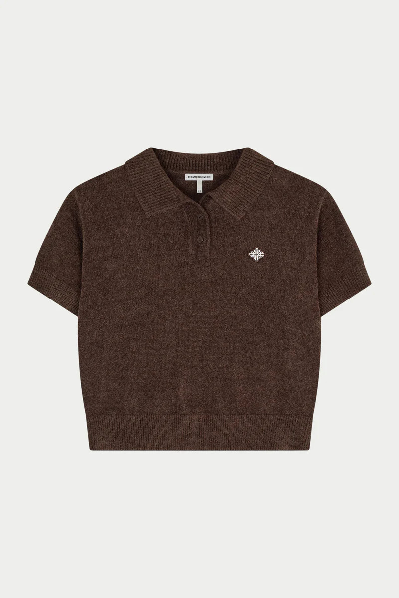 TOWELLING OPEN COLLAR T-SHIRT - CHOCOLATE | The Couture Club