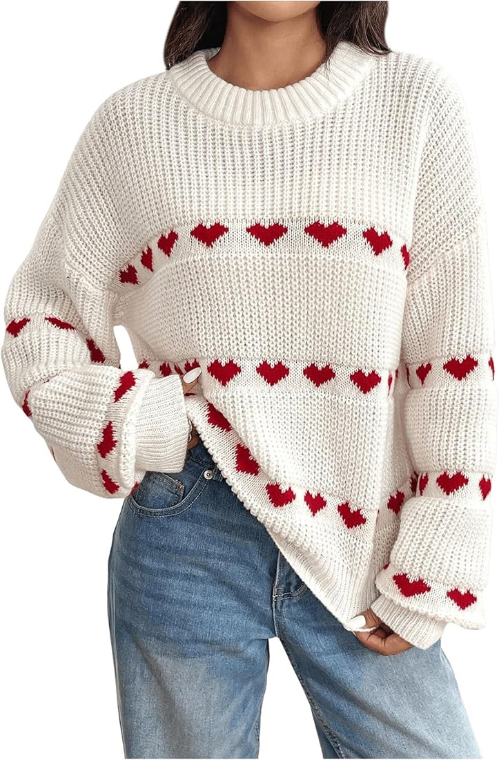 GORGLITTER Women's Heart Pattern Sweater Long Sleeve Crew Neck Fall Pullovers Tops | Amazon (US)