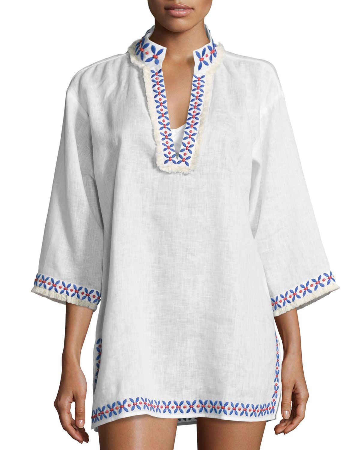 Embellished Linen Coverup Tunic, White | Bergdorf Goodman