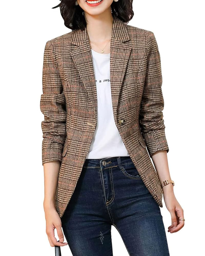 ebossy Women's Notch Lapel 2 Button Boyfriend Blazer Suit Houndstooth Plaid Jacket Coat | Amazon (US)