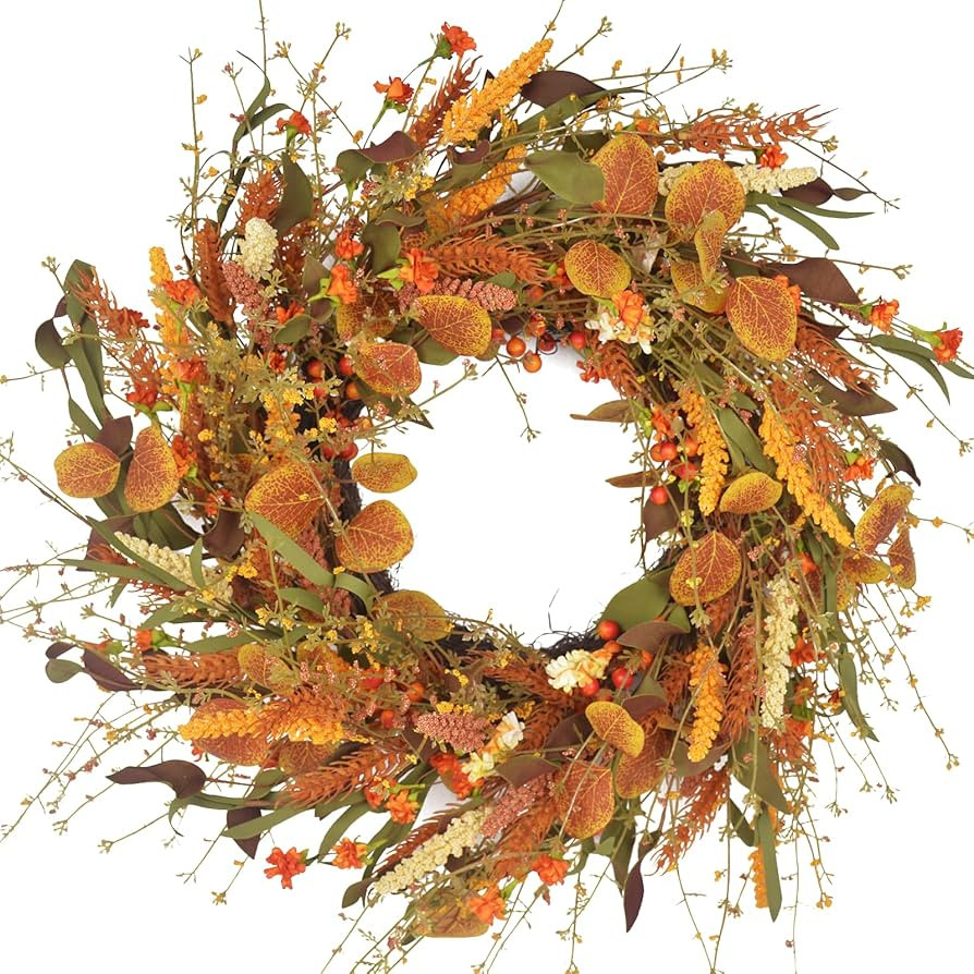 Fall Wreath for Front Door 24 Inch Large Wreaths with Orange Artificial Wheat Eucalyptus Leaf Ber... | Amazon (US)