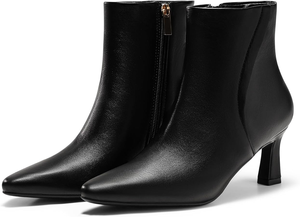 Coutgo Womens Ankle Boots Kitten Low Heel Closed Pointed Booties Side Zipper Winter Dress Shoes | Amazon (US)