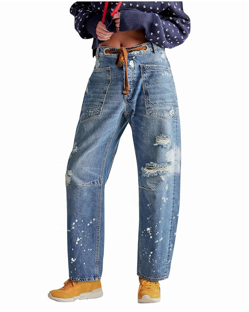 LifeShe Women's Baggy Barrel Jeans Casual Boyfriend Mid Rise Drawstring Wide Leg Denim Pants | Amazon (US)
