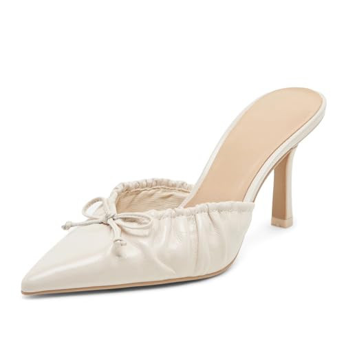 XBKXMK White Kitten Heels for Women Bow Pointed Toe Heel Dressy Slip on Mules Trendy Sexy Stiletto Pumps Shoes | Amazon (US)
