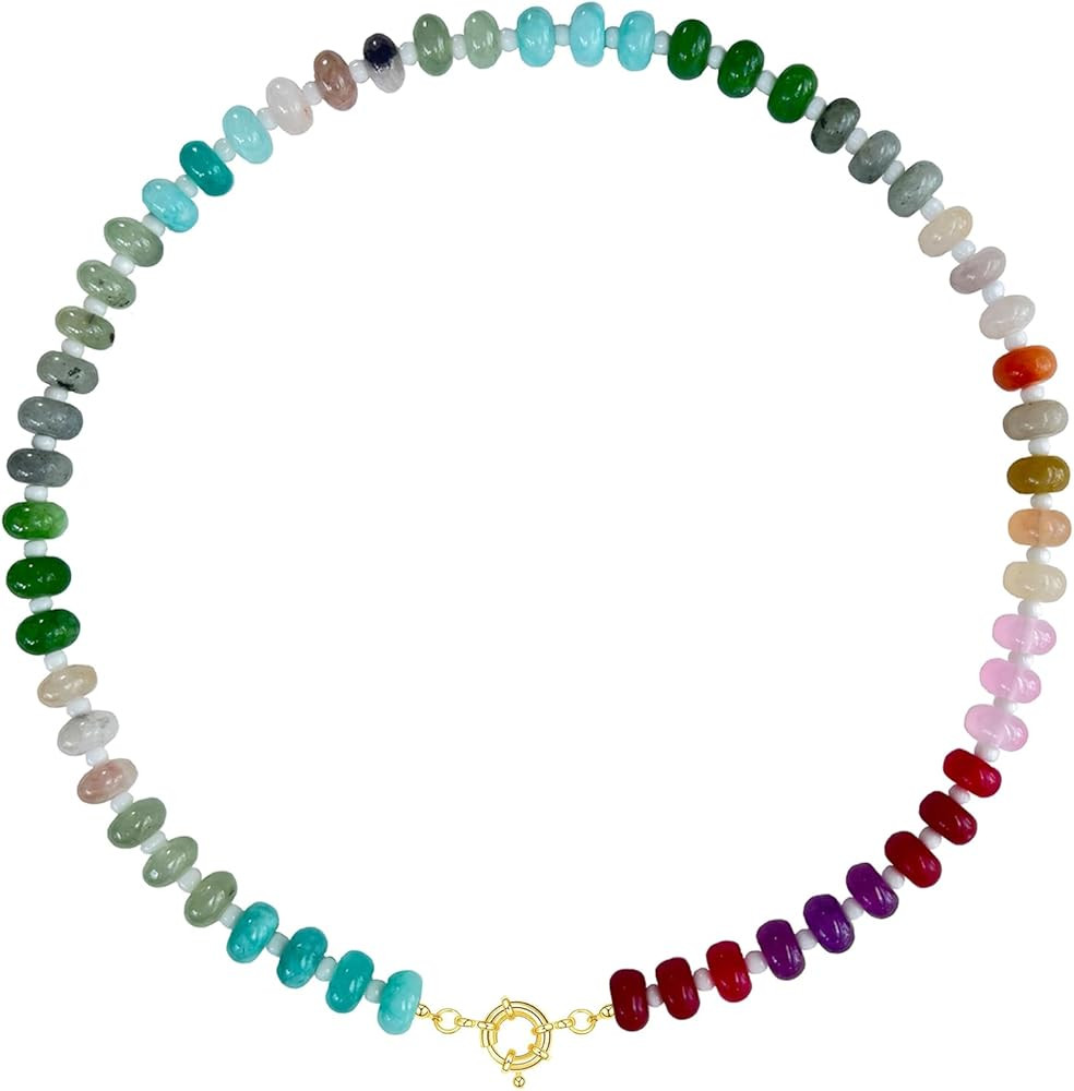 Beaded Necklace for Women, 17 Inch Colorful Rainbow Necklace Boho Bead Choker Necklaces - Natural... | Amazon (US)