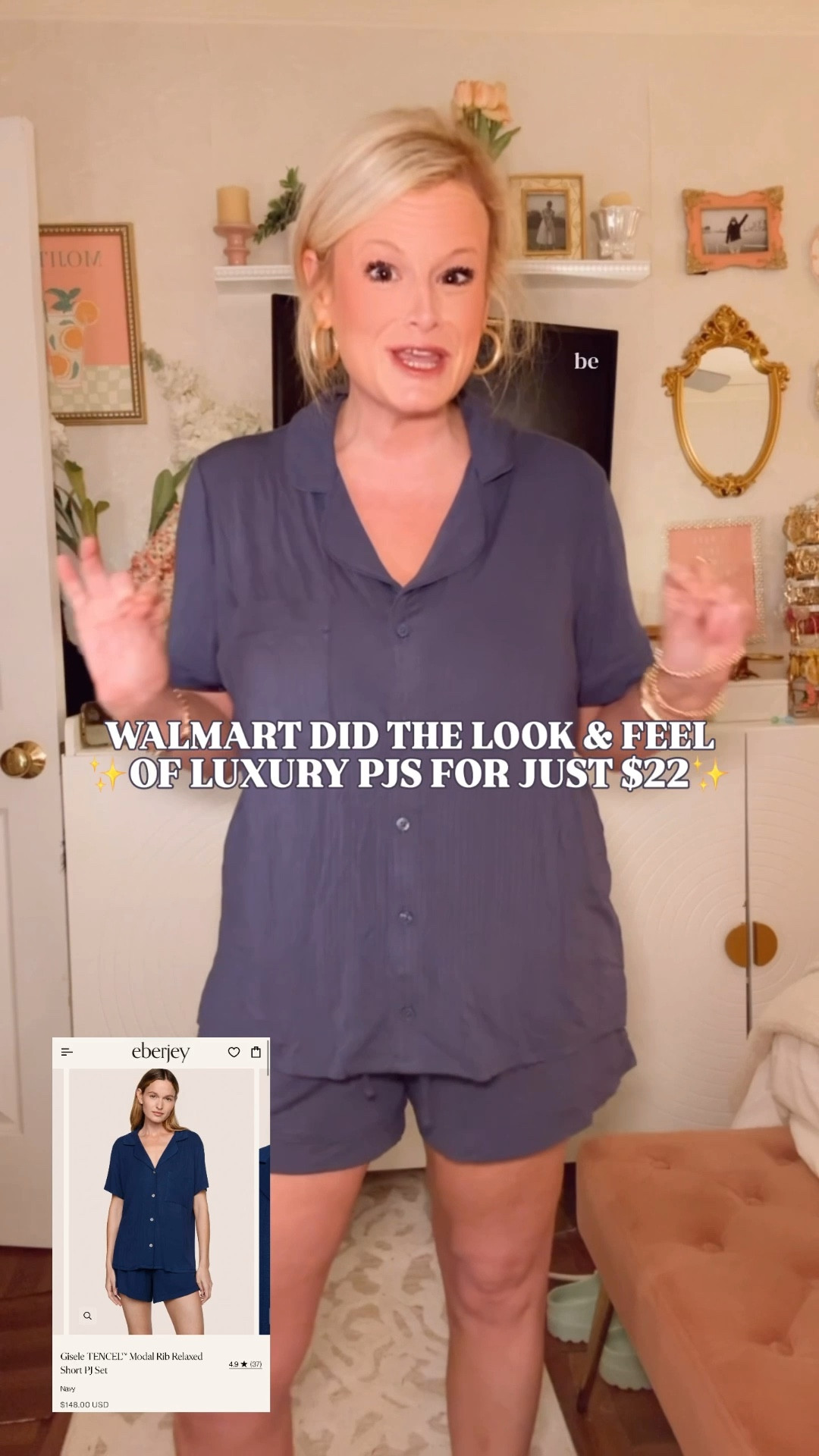 Walmart did the look and feel of the $148 Eberjey Gisele Modal Rib Short PJ Set for just $22. 🌿

And I sized up to a large for the coziest fit.

The Eberjey Gisele is one of the most coveted luxury pajama sets on the internet. Notch collar. Button front. Ribbed modal. That effortless expensive feel that makes you actually look forward to going to bed. It retails for $148.

This Joyspun ribbed modal notch top and shorts set from Walmart is $22. And it gives the full Eberjey experience — the silhouette, the ribbed texture, the notch collar, the button front, the soft modal feel — without the triple digit price tag.

Notch collar. Button front. Chest pocket. Short sleeves. Matching ribbed shorts with elastic drawstring waistband and side pockets. Relaxed fit. 

92% modal, 8% spandex. That same soft, weightless, luxury feel.

Available in 4 colors. I sized up to a large for a cozy, relaxed fit.

Also — at $22 this is the Easter basket gift or Mother’s Day gift that feels like you spent so much more than you did. Four colors means there’s one for everyone on your list.

$22. Four colors. The Eberjey feel without the Eberjey price.

Shop through the link before your size is gone. 🌿

eberjey dupe, eberjey look for less, modal pajamas women, luxury pajamas look for less, spring pajamas women, summer pajamas women, modal pajama set, pajama set women, ribbed pajamas women, short pajama set women, girls trip pajamas, matching pajama set women, easter basket gift for her, mothers day gift pajamas, affordable luxury sleepwear, walmart pajama set, notch collar pajamas, button front pajamas women, cozy pajama set, walmart finds fashion

#LTKFindsUnder50 #LTKSeasonal #LTKSaleAlert #LTKTravel #WalmartFinds #EberjeyDupe #LookForLess #PajamaSet #LuxuryPajamas #LTKFindsUnder100 #JoyspunPajamas #EasterBasket #MothersDay #Eberjey

#LTKSeasonal #LTKTravel #LTKSaleAlert