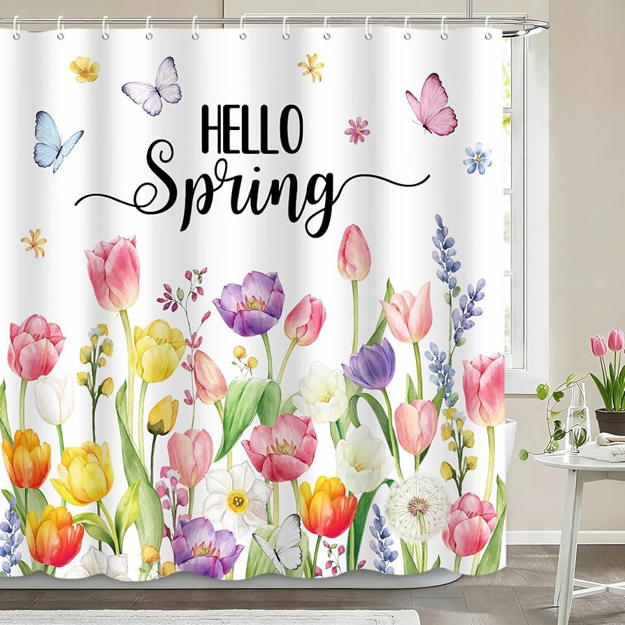 MEHOFOND Tulip Hello Spring Shower Curtain, Spring Floral Shower Curtains for Bathroom, Colorful ... | Amazon (US)