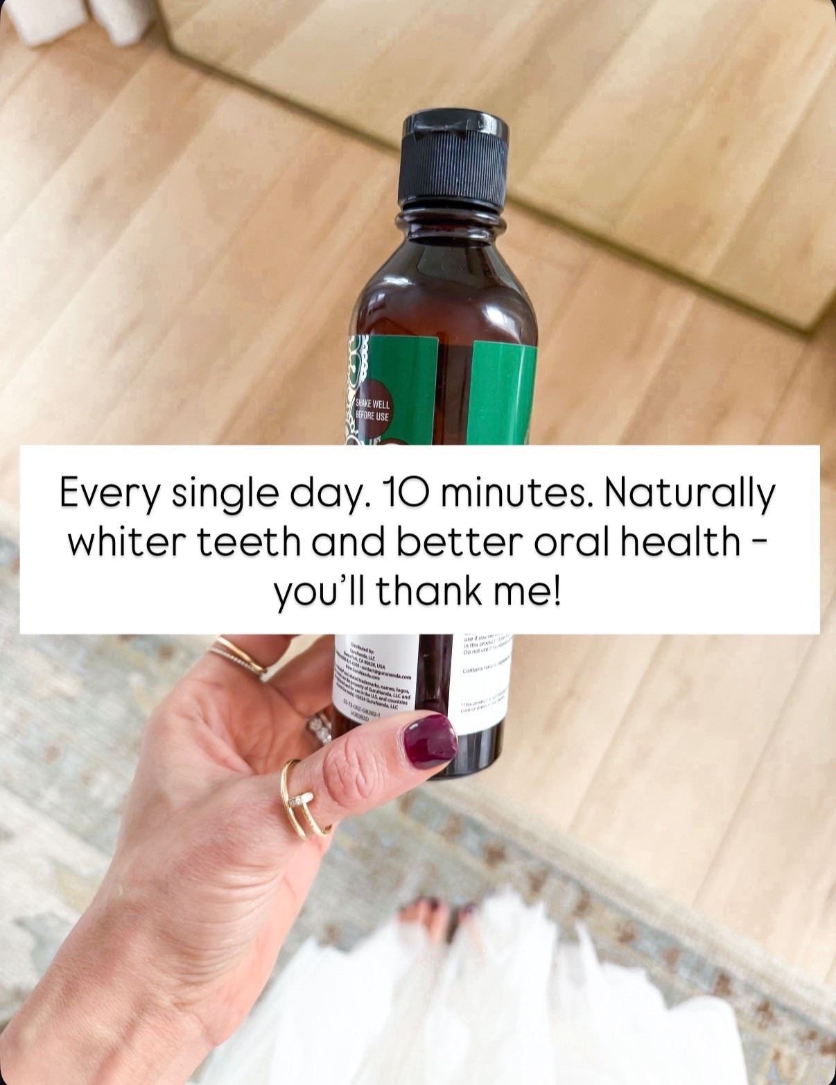 Oil pulling for naturally whiter teeth, better oral health, and fresher breath. I swish around in my mouth for 10 minutes and then spit in the trash can and follow up with mouthwash and brushing my teeth.


#LTKselfcare #LTKBeauty #LTKmorningroutine