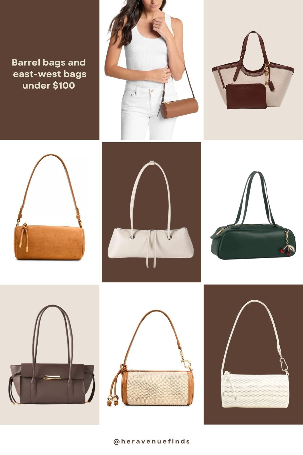 Barrel bags and east-west bags are at all-time search highs on Google right now, and if you've been noticing this elongated shape everywhere this spring, that's exactly why. The good news is you don't need to spend designer money to get the look. Everything in this collection is under $100.
For barrels: there's a compact zip-top mini barrel that works day or night, a raffia tassel version with warm woven texture that's very much the summer bag of the group, a slim 90s-inspired pebbled leather barrel with gold hardware that sits neatly under your arm and looks like it costs significantly more, and a fun one with a cherry charm that needs no other explanation. For east-west: a wide tapered canvas tote with leather trim handles that's structured enough for the office without looking corporate, and a vegan leather shoulder bag with long rounded handles you can carry as a tote or on the shoulder.
Six bags, two silhouettes, all under $100. All linked in my LTK shop @heravenuefinds.  

 
