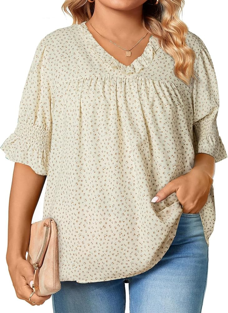 Eytino Womens Plus Size Floral Print Blouses V Neck Ruffle Flowy Short Sleeve Shirts Babydoll Cas... | Amazon (US)