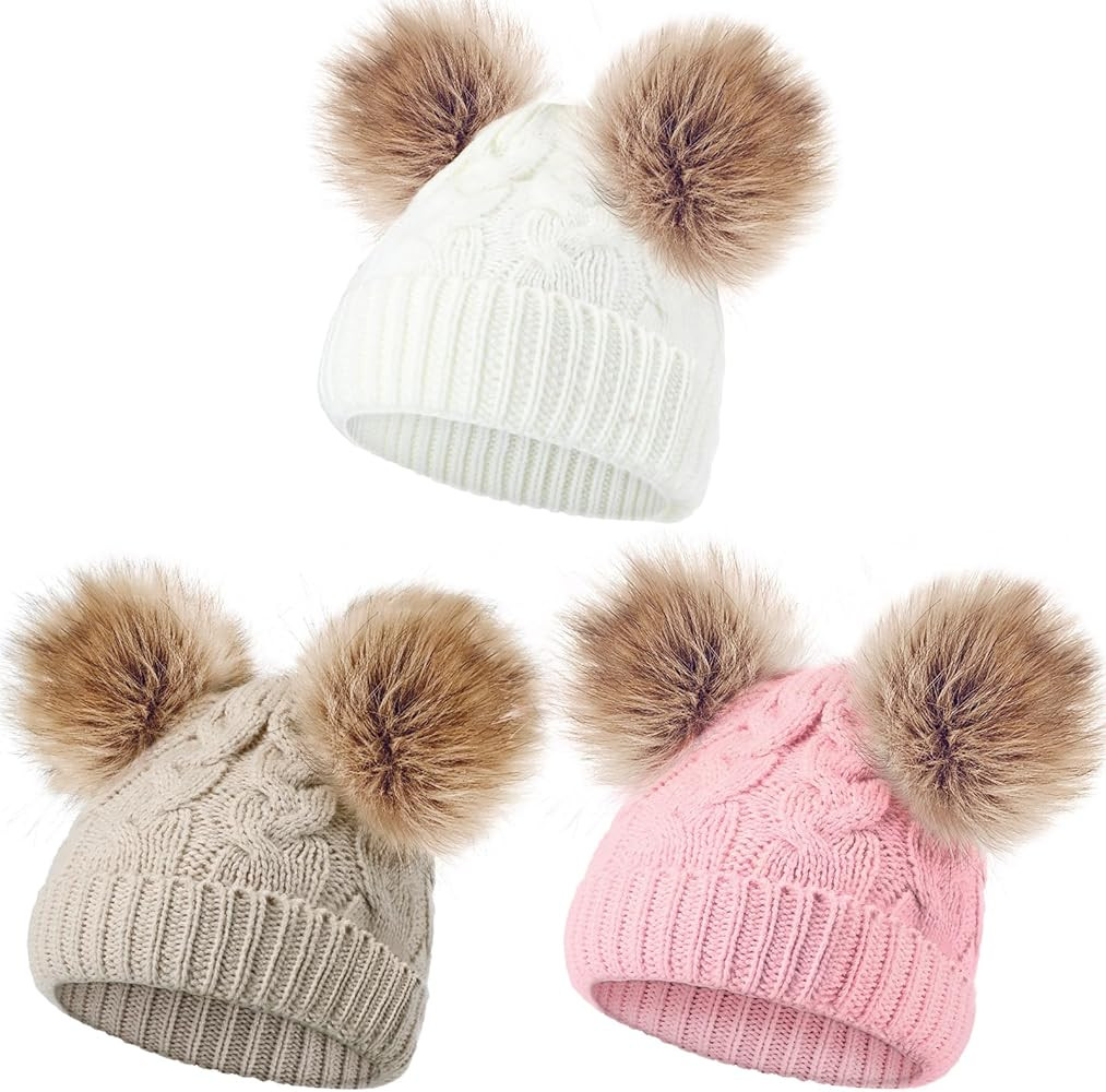 3 Pieces Baby Beanies Toddler Kids Hats Winter Double Pompom Beanies Caps Knitted for Girls Boys | Amazon (US)