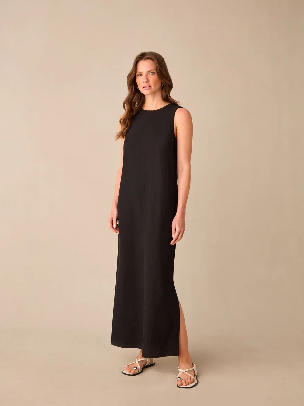 Petite Black Linen-blend Tie Waist Column Midi Dress | Ro&Zo