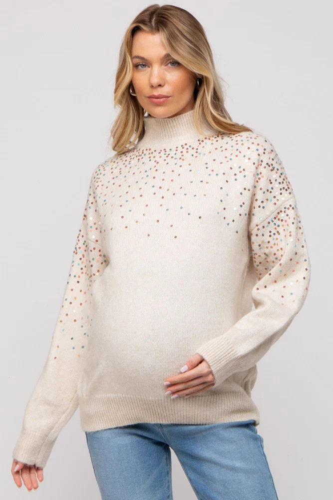 Beige Knit Sequin Mock Neck Maternity Sweater | PinkBlush Maternity