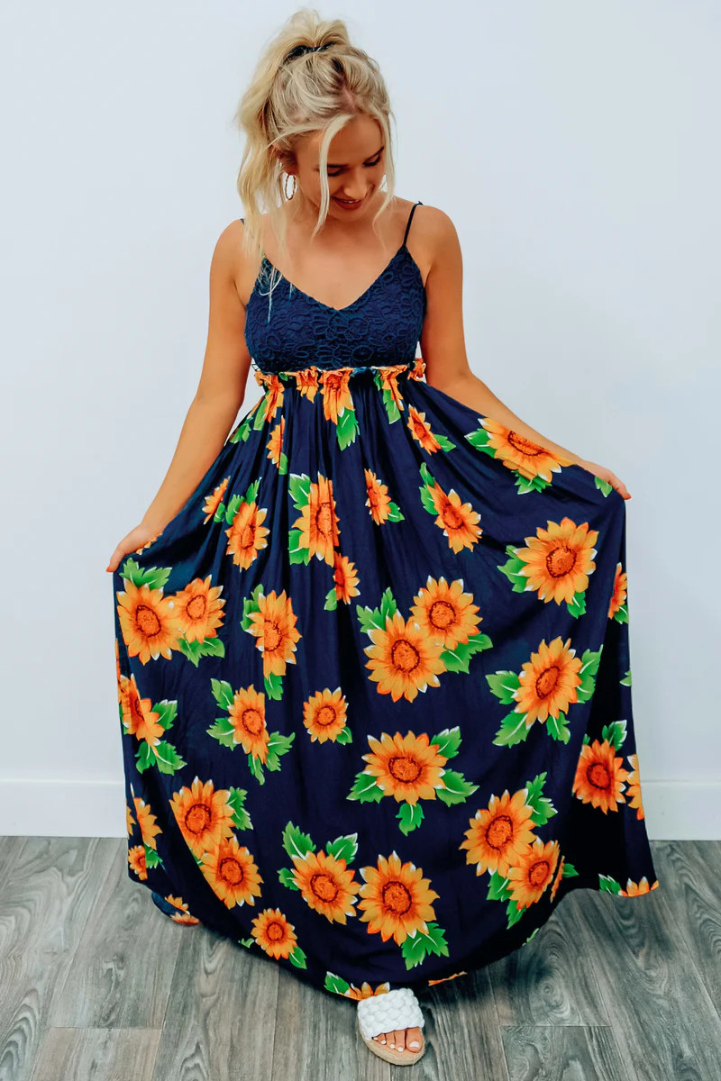 Fields Of Sunflowers Maxi: Navy Blue/Multi | Shophopes