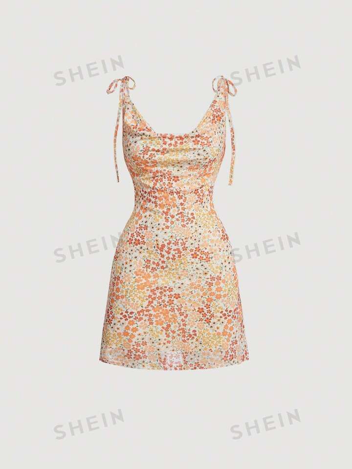 SHEIN MOD Vintage Flower Printed Cowl Collar Tie Waist Short Dress | SHEIN