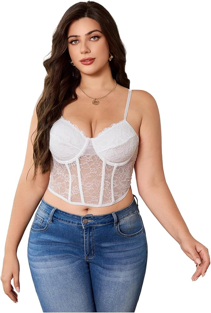 SHENHE Women's Plus Size Lace Bustier Corset Top Spaghetti Strap Sexy Going Out Crop Top Cami | Amazon (US)