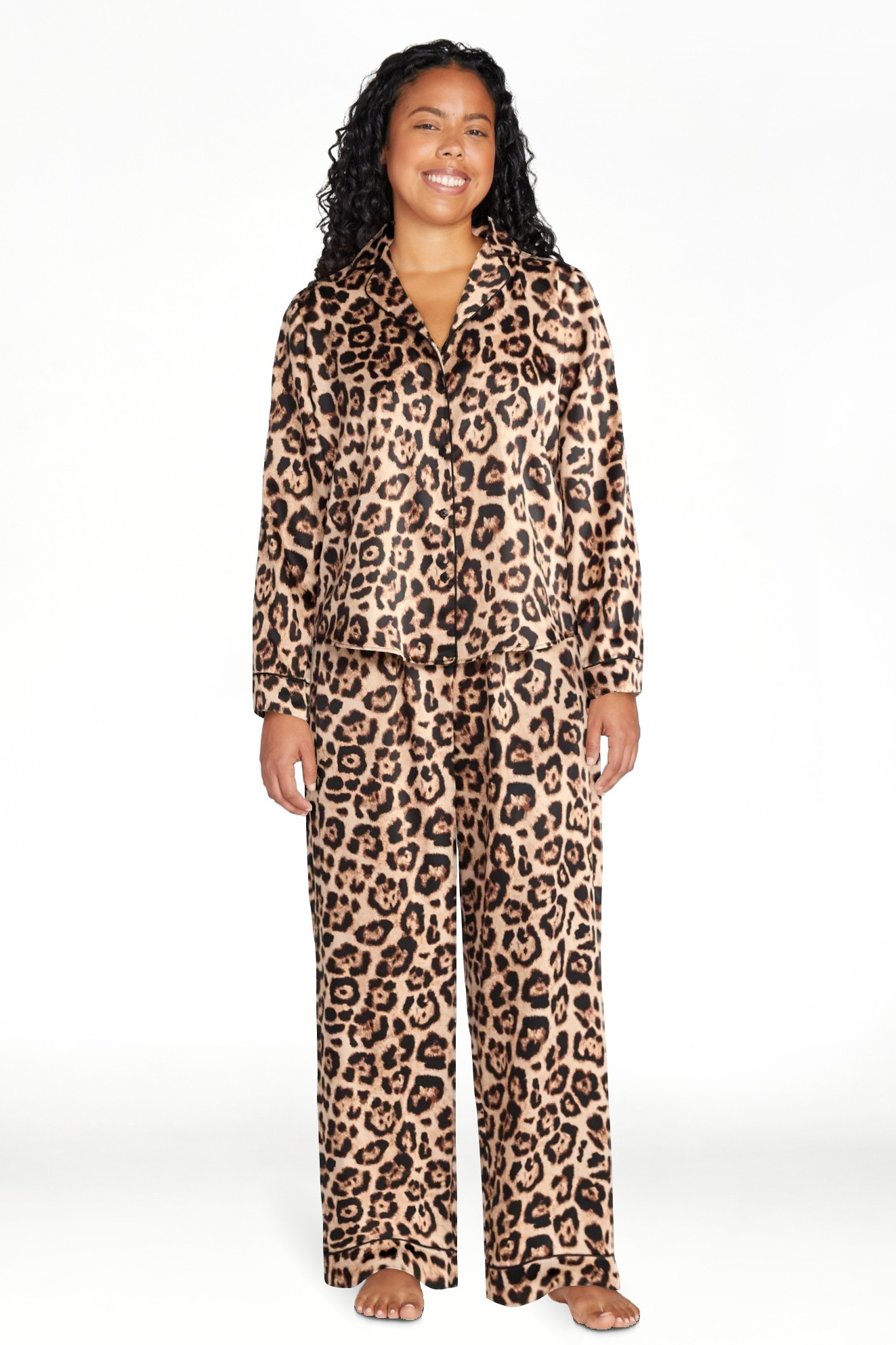 Joyspun Women’s Stretch Satin Notch Long Sleeve Top and Pants Pajama Set, 2-Piece, Sizes XS-3X | Walmart (US)