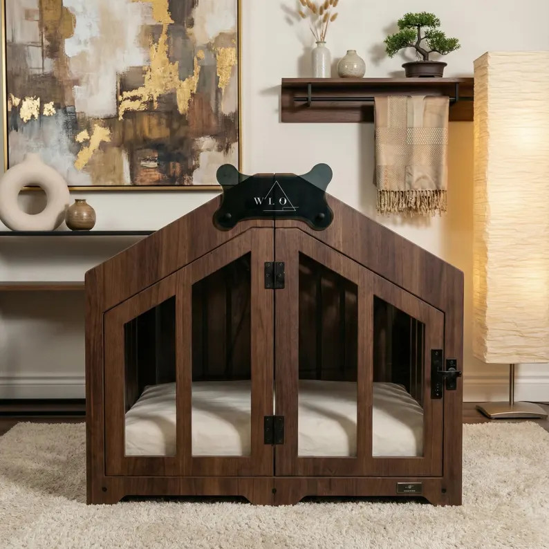 WLO\u00ae Classic Walnut Gabled Dog Crate | Indoor & Patio Dog Kennel, Luxury Furniture | Etsy (Global)