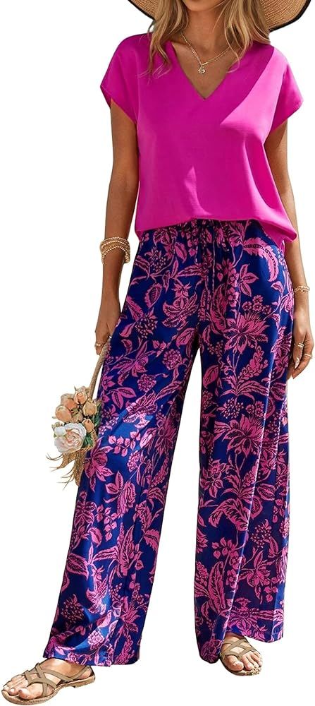 Andeip Womens Pajama Sets Short Sleeve Top and Long Pants Loungewear 2 Piece Lounge Set | Amazon (US)