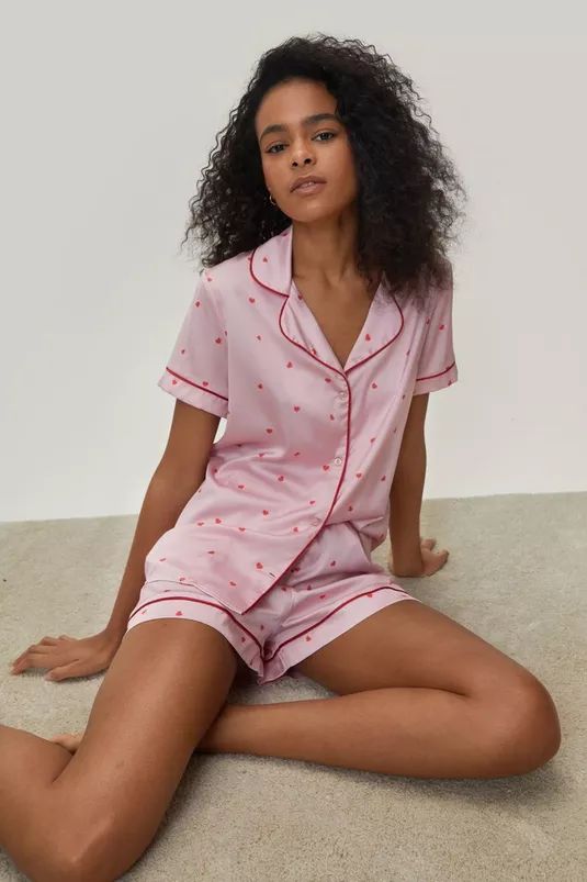 Petite Heart Print Pajama Shirt and Shorts Set | Nasty Gal (US)