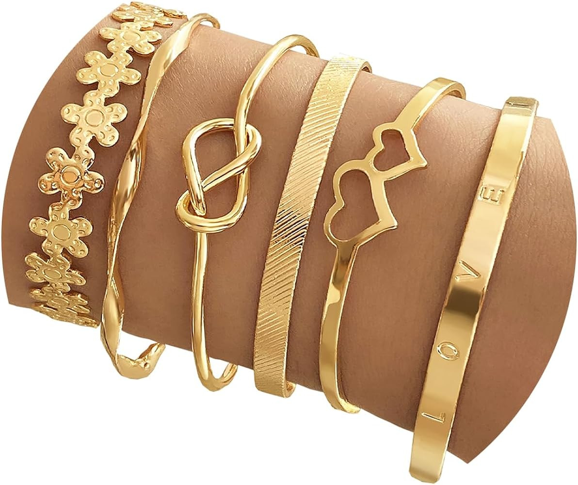 IFKM Gold Bangle Bracelets For Women, 14k Gold Plated Multi Layer Stackable Cuff Bracelet Set, Tr... | Amazon (US)
