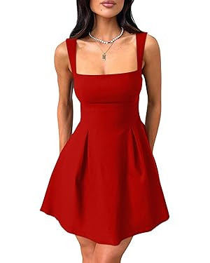 YMDUCH Women's Sexy Sleeveless Square Neck Adjustable Straps Bow Tie A-line Mini Party Club Dress | Amazon (US)
