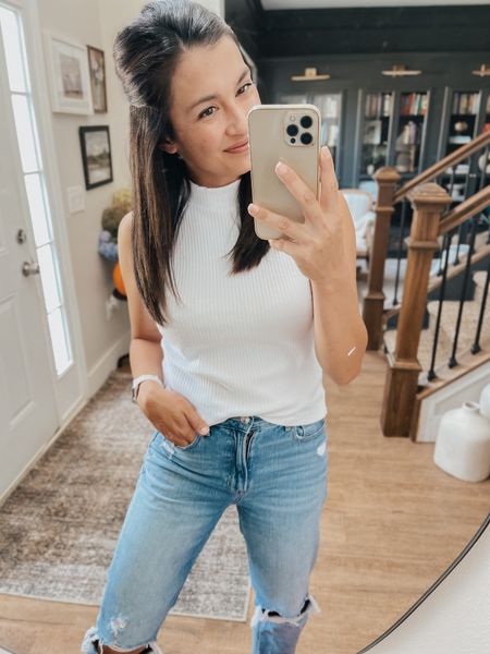 outfit of the day
- love this old navy mock neck tank! comes in lots of colors and feels great quality for the price (wearing a medium)
- these mom jeans from american eagle are my most reached for pair. so comfy!!

#LTKsalealert #LTKfindsunder50