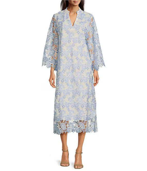 J.Marie Maggie Lace Split V-Neck 3/4 Sleeve Midi Shift Dress | Dillard's | Dillard's