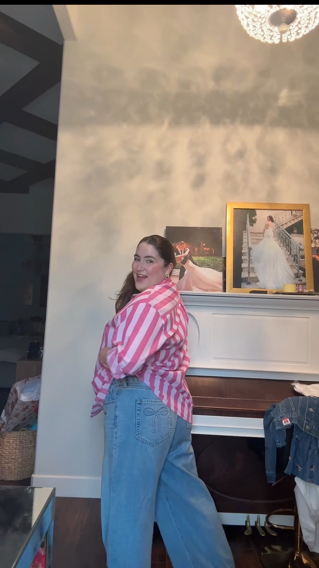 This is the first time I’ve done my make up all week 😓 can confirm that a cute outfit will make your day better though💁🏻‍♀️ pink striped short, bow jeans, midsize outfit, teacher outfit #ootd #tiredmom #workingmom 

#LTKmomlife #LTKgrwm #LTKootd