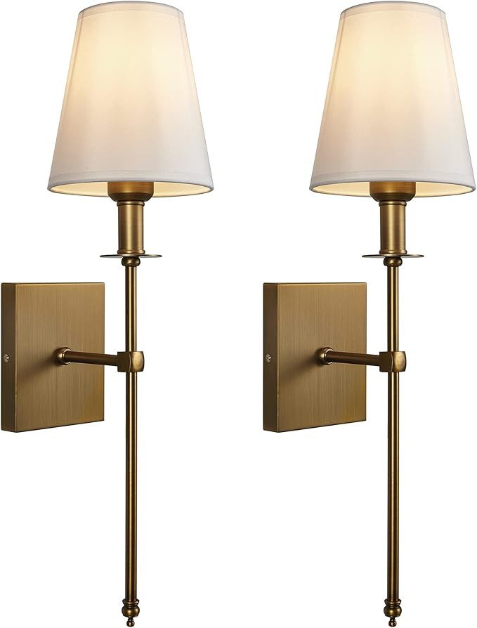 Passica Decor Modern Antique Brass Wall Sconce Set of Two, with Vertical Rod and White Fabric Fla... | Amazon (US)