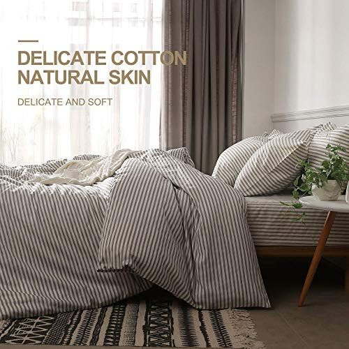 JELLYMONI 100% Natural Cotton 3pcs Striped Duvet Cover Sets,White Duvet Cover with Grey Stripes Patt | Amazon (US)