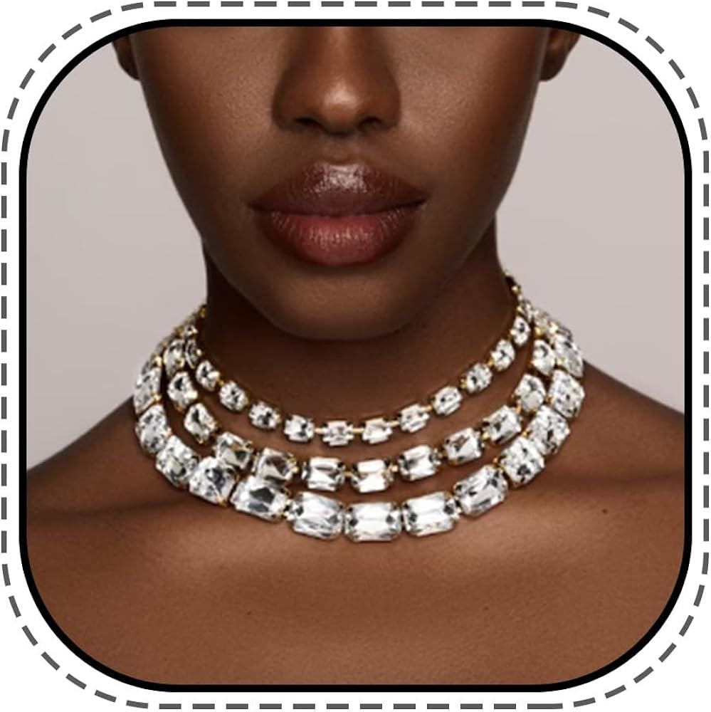 JONKY Square Crystal Choker Triple Layer Necklace Bridal Chain for Women | Amazon (US)