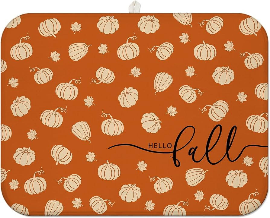 Fall Dish Drying Mat for Kitchen Counter,Orange Autumn Pumpkin Maple Leaf Pattern Microfiber Dryi... | Amazon (US)
