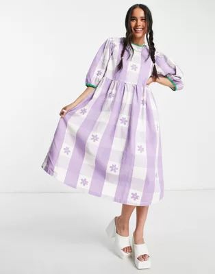 COLLUSION twill gingham midi smock dress in lilac | ASOS (Global)