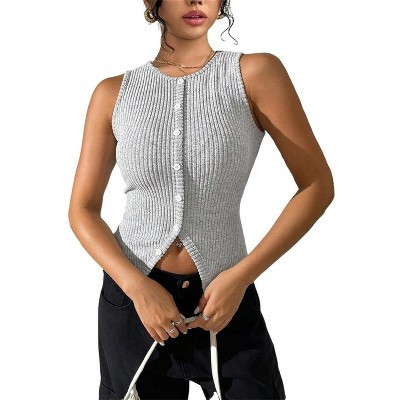 Women's Slim Fit Knit Cardigan Vest Sleeveless Lightweight Stretchy Fake Button Tank Top Shirt Gray S | Target