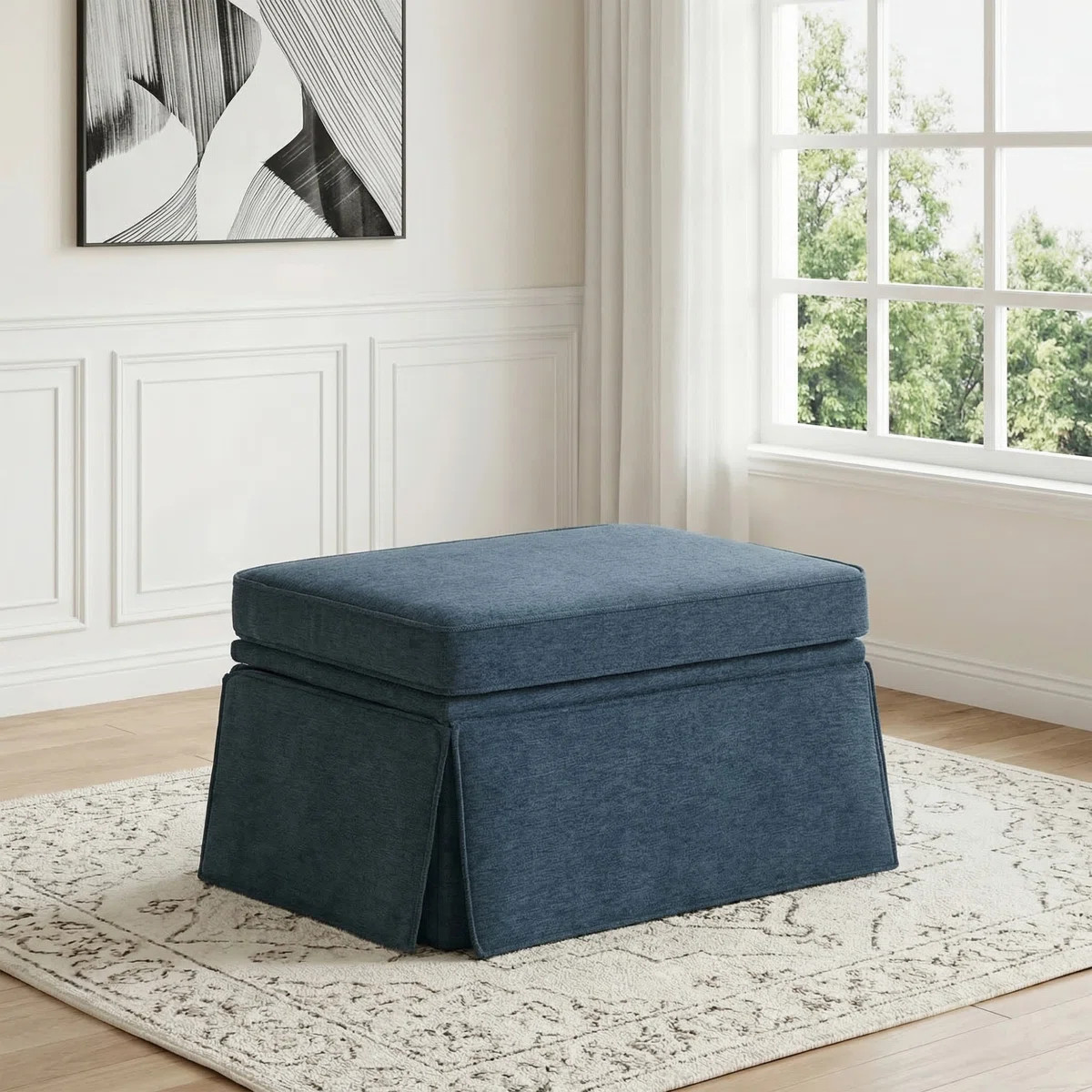 Upholstered Navy Skirted Rectangular Storage Ottoman with Lift-Top | Wayfair North America