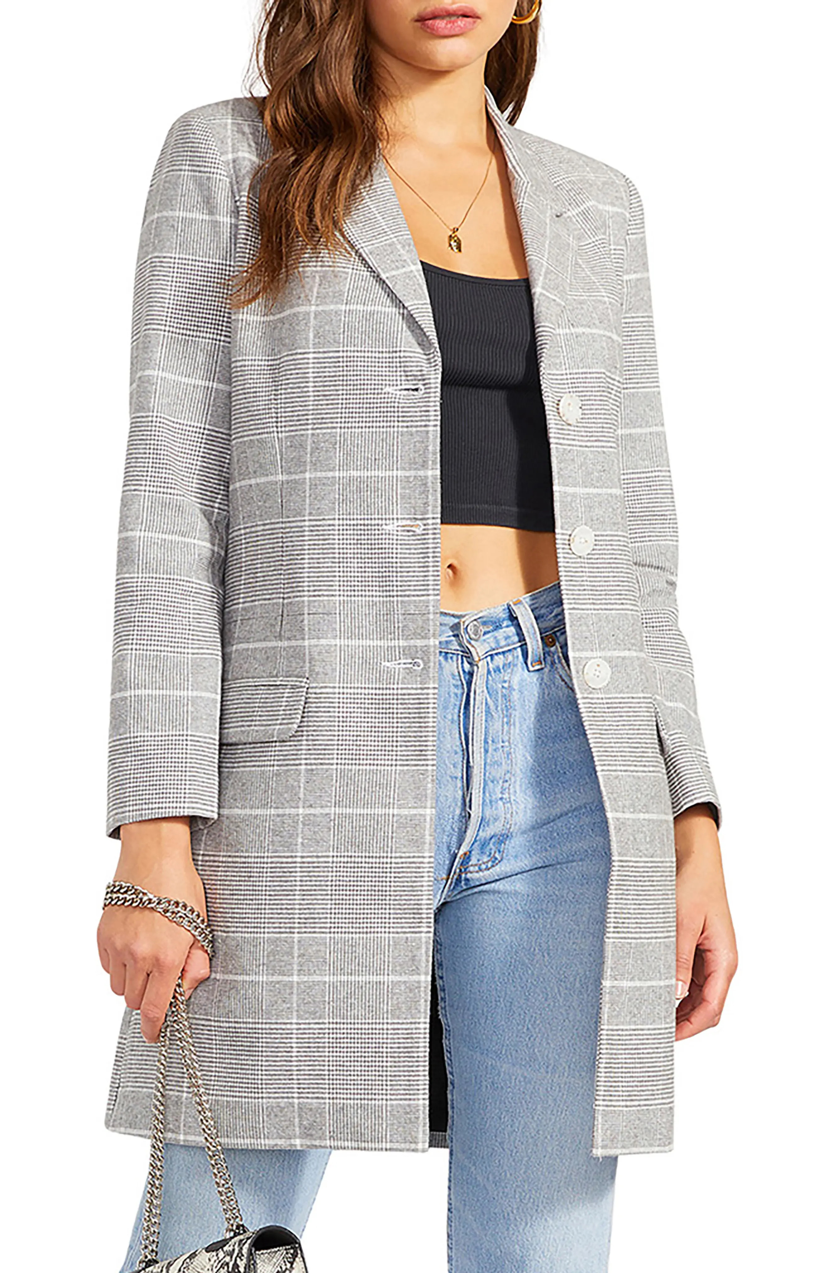 Women's Bb Dakota Plaid To Do It Long Cotton Blazer, Size X-Small - Grey | Nordstrom